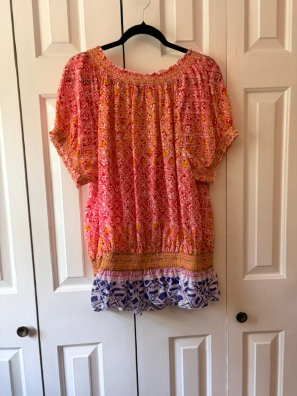Indigo Moon Denim 2X Boho Peasant Top Coral Pink Mixed Print Smocked Plus Size - Picture 3 of 7